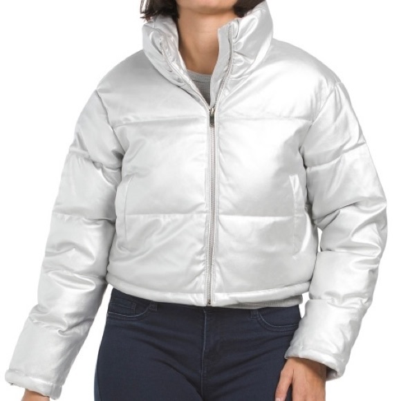 7 FOR ALL MANKIND Silver Metallic Cropped Puffer Coat Large NWT - Picture 1 of 7